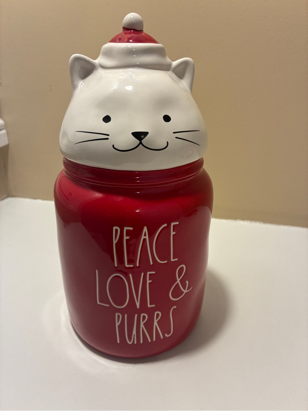 Rae Dunn Peace Love & Purrs Ceramic Cat Treat Canister Red w/ Hat Lid
